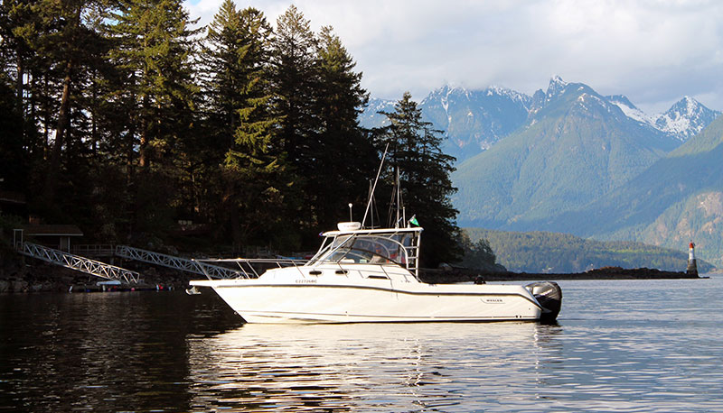 First Fish Charters docked boat with mountain view